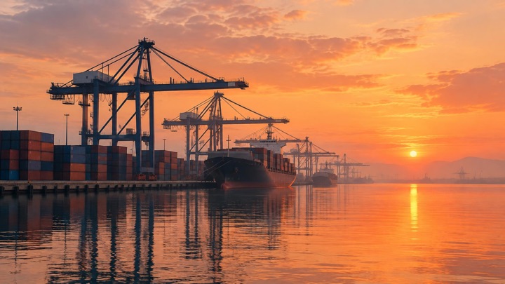 A container port at dawn